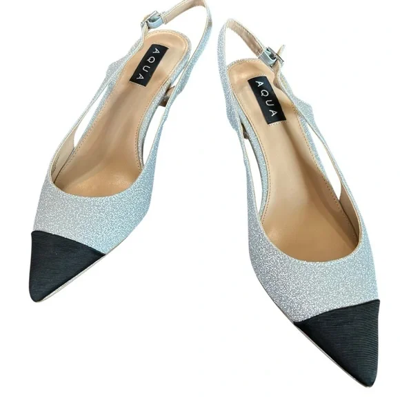 Aqua  Koko Pointed Toe Slingback Pumps Silver Glitter Kitten Heel NEW 8 - Picture 6 of 10